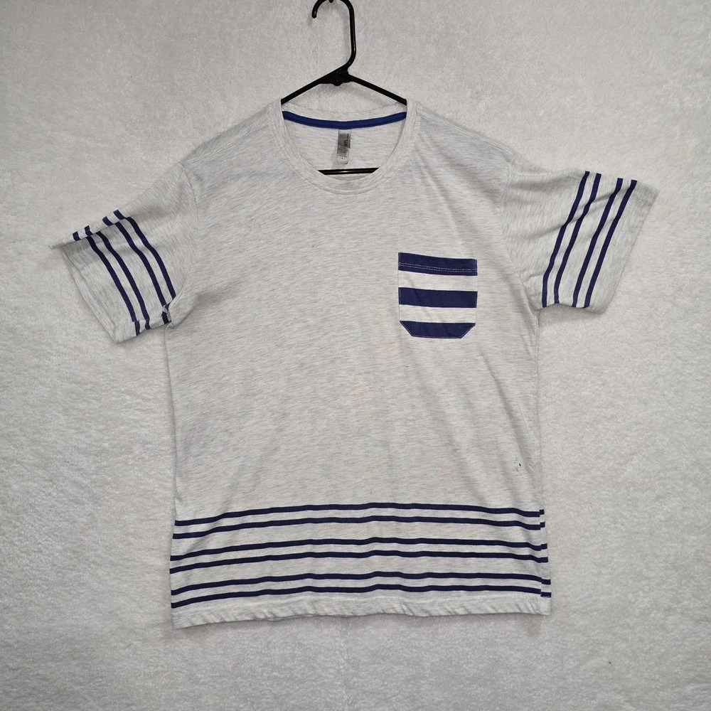 Mens Striped Pocket T Shirt Gray Blue Crew Neck Short Sleeve Casual Top Size L